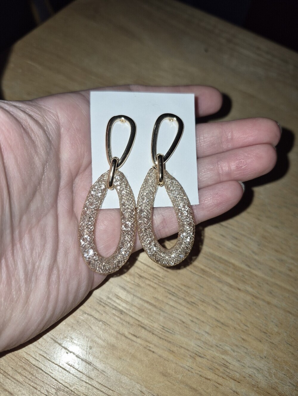 Gold Tone Mesh Covered Rhinestone Earrings